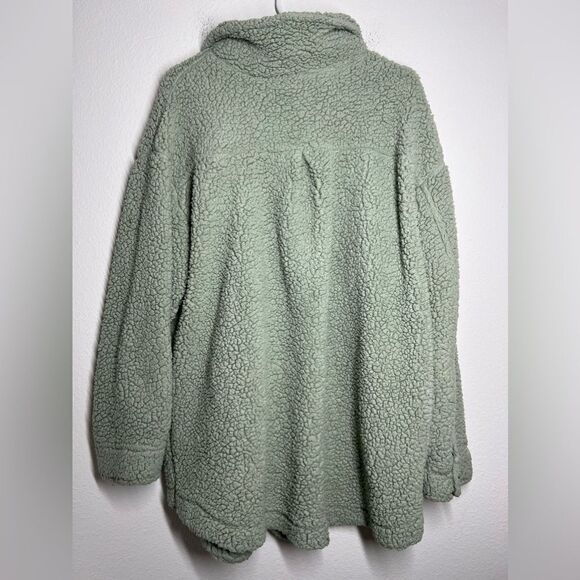 New Look Green Sherpa Jacket Sage 2 Front Pockets Buttoned Long Sleeve Size 1X - Picture 2 of 10